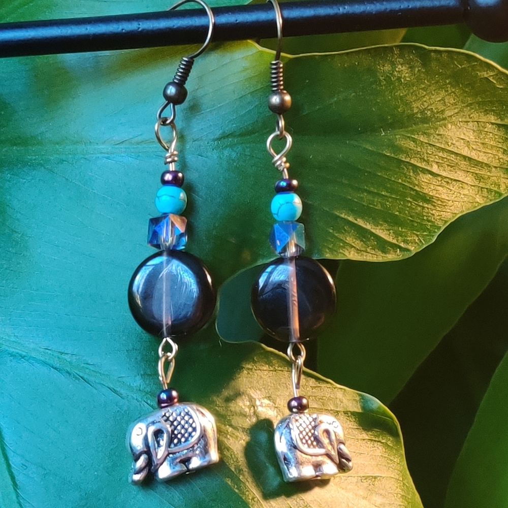 Smokey Quartz, Elephant Charm, Dyed Howlite Earrings - Picture 7 of 16